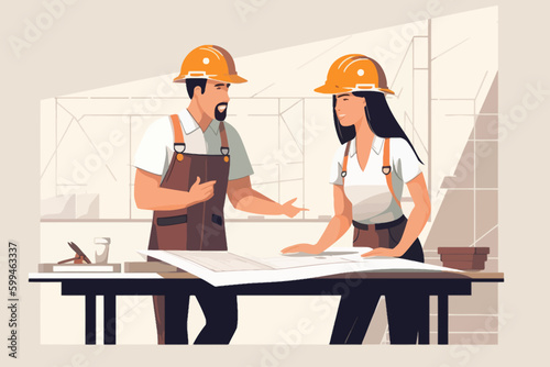 Architect and engineer working on construction site. Engineering, building, engineering, architecture, teamwork concept. Vector illustration in cartoon style