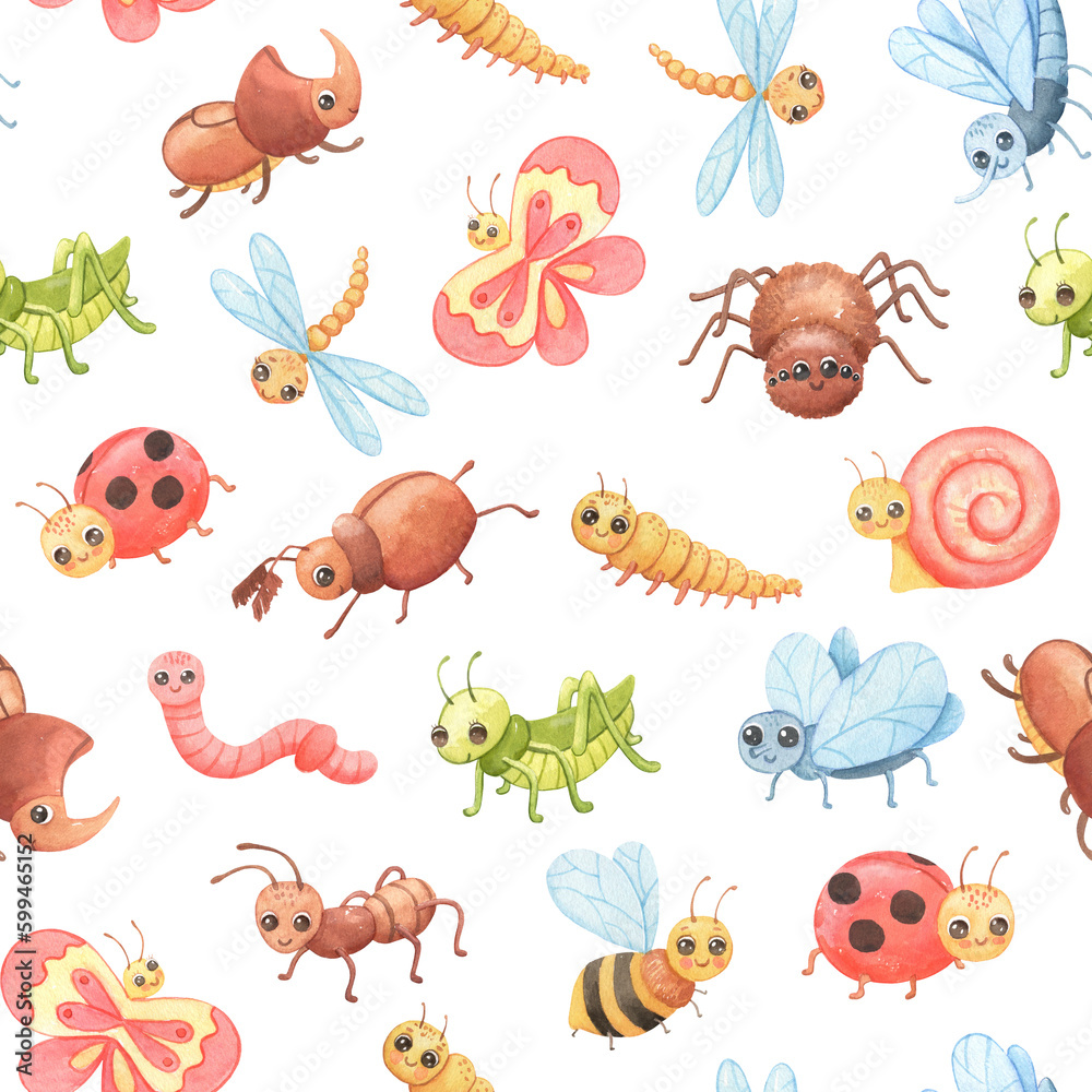 Naklejka premium Seamless watercolor pattern with Cartoon insects. Cute butterfly, grasshopper and spider.
