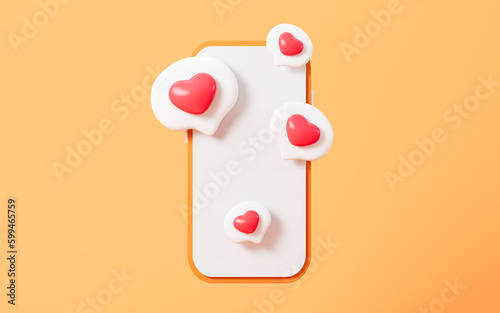Photo frame with heart and love fly out from mobile phone, social icon with heart and love, 3d rendering.