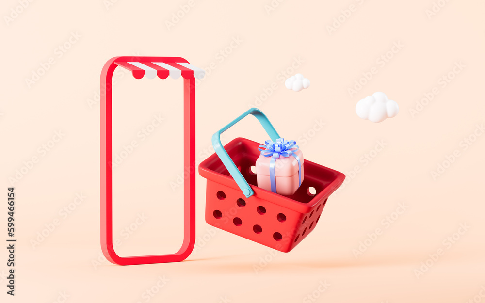 Obraz premium Gift box in the shopping basket fly out of the mobile phone, shopping online concept, 3d rendering.