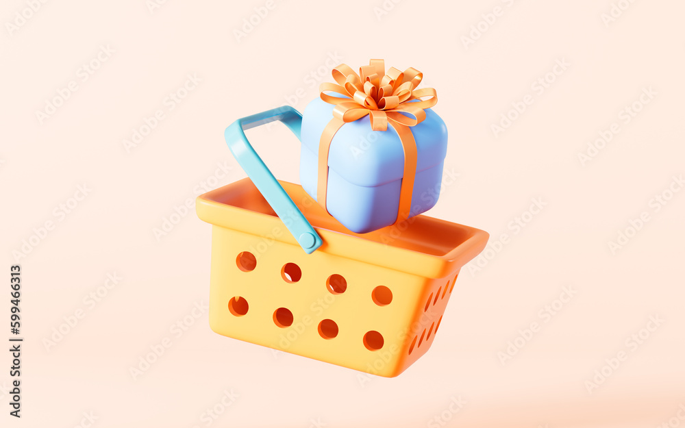 The gift in the shopping basket in the pink background, 3d rendering. The gift in the shopping basket in the pink background, 3d rendering.