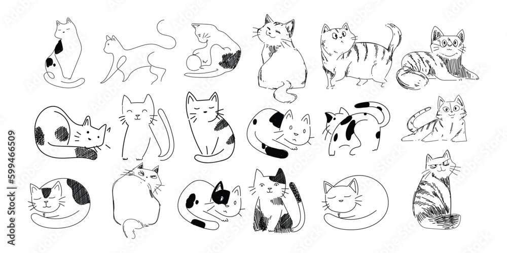 Cute cats collection, vector icons, hand drawn illustrations