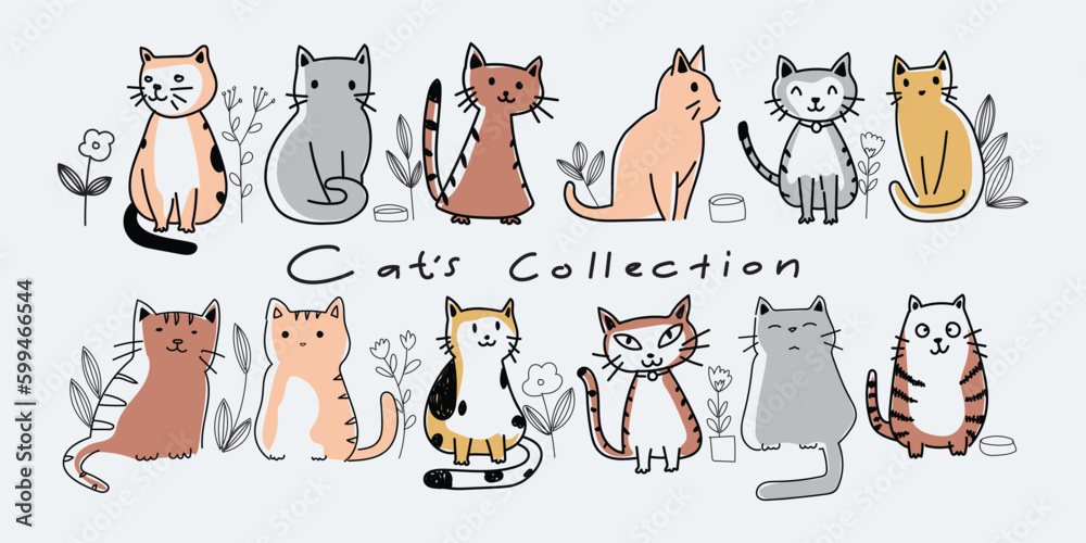 Fototapeta Set of cut cat character icon hand drawing vector illustration. Isolated on white background.