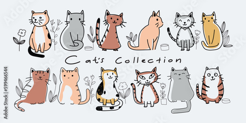 Set of cut cat character icon hand drawing vector illustration. Isolated on white background.