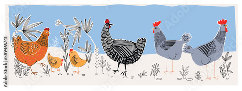 Set of chicken hen animal poultry farm hand drawing vector illustration. photo