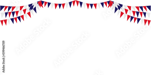 Bunting Hanging Red White Blue Flags Triangles Garland Banner Background. United State of America, France, Thailand, New Zealand, Netherlands, British, Great Britain, USA