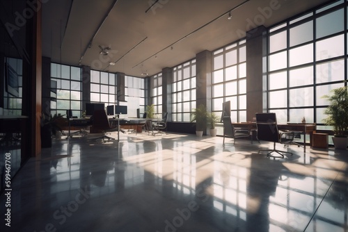 furniture chair window bright office space interior desk modern room workplace. Generative AI.