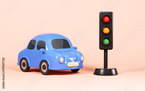 Cartoon blue car and traffic sign light on the yellow background, 3d rendering. photo