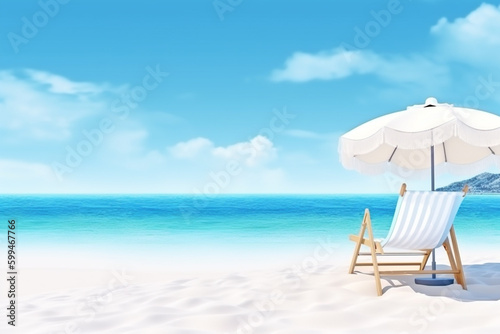 Travel and vacation concept. Beautiful beach with sunbed and umbrella in calm and beautiful sea or ocean landscape background. Copy space. Generative AI