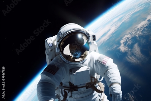 Science fiction  technology concept. Astronaut with costume floating in space in background of planet Earth. Astronaut at spacewalk. Deep space exploration. Generative AI