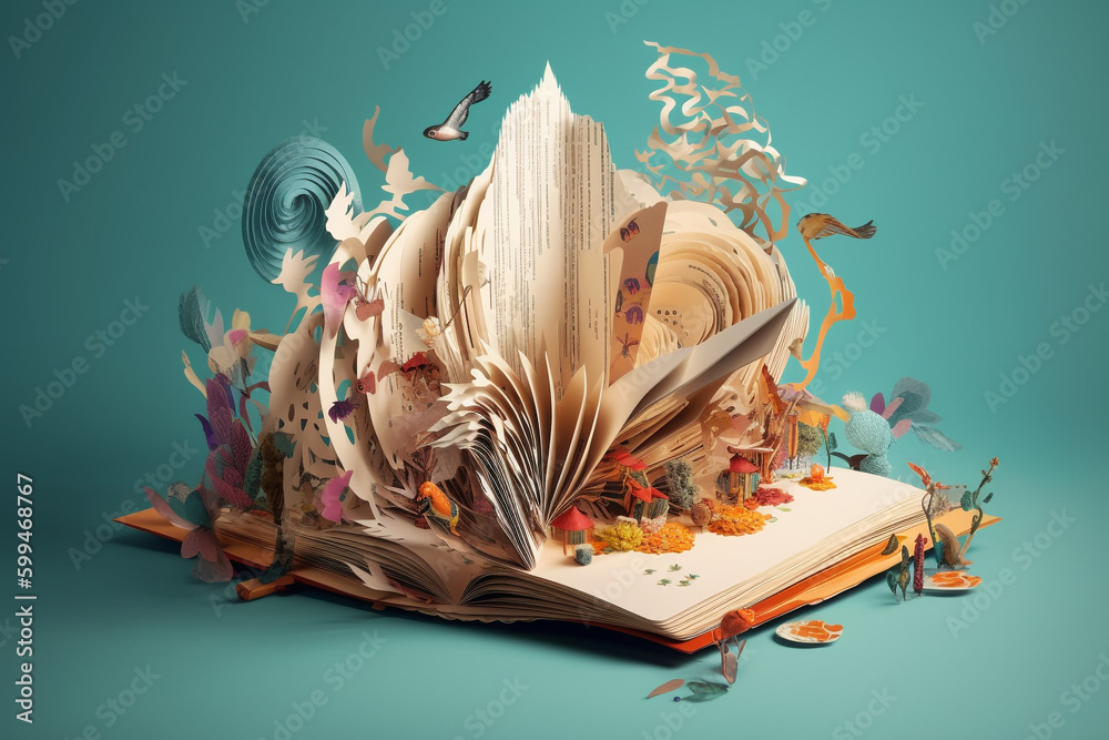 World book day, fantasy, and leisure concept. 3D, paper art style