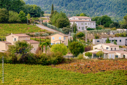 Viewed from a public road, a new residential neighborhood built on farm land outside of Vaison-la-Romaine in Provence, France.
