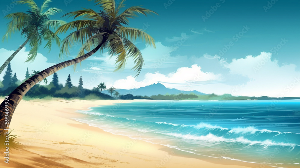 Beautiful tropical beach sea ocean with coconut palm tree around white cloud blue sky for vacation travel background