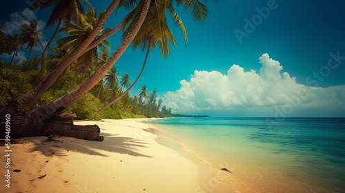 Beautiful tropical beach sea ocean with coconut palm tree around white cloud blue sky for vacation travel background © DLC Studio