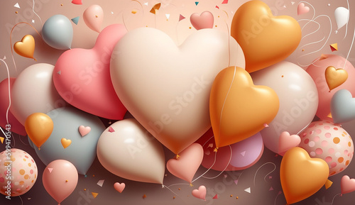 Festive romantic background with balloons hearts and confetti Valentine s Day or Merry Christmas and Happy New Year greetings. Generative AI