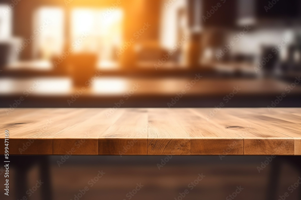 Empty wood table in front in kitchen room blurred background concept image for product Generative AI Empty wood table in front in kitchen room blurred background concept image for product Generative AI