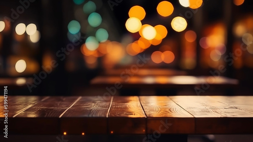 Empty wood table in front of of resturant neon lights blurred bokeh background concept image for product commercial ad Generative AI 