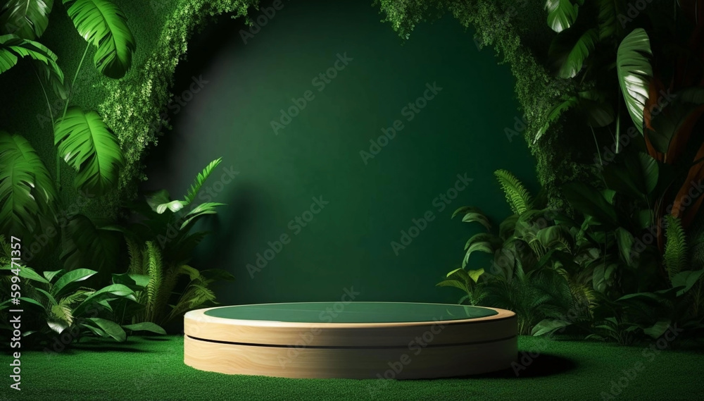 Modern Minimalist Podium in Green Garden. 3D Illustration for Stage Design and Showcase Concept Modern Minimalist Podium in Green Garden. 3D Illustration for Stage Design and Showcase Concept
