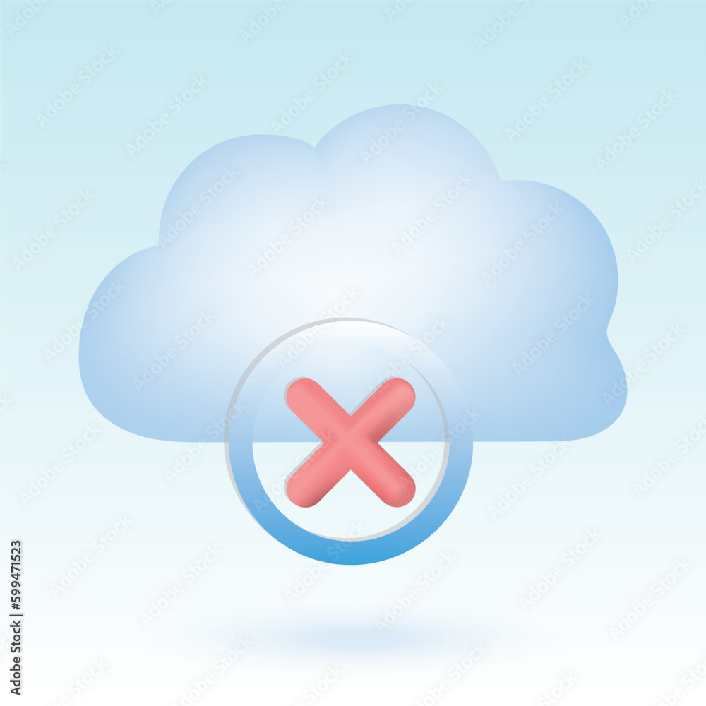 Cloud with cross mark inside circle. Disconnected, error, cancel. Cute pastel cartoon of cloud computing, cloud network and technology symbol. 3D vector illustration isolated on blue background. Cloud with cross mark inside circle. Disconnected, error, cancel. Cute pastel cartoon of cloud computing, cloud network and technology symbol. 3D vector illustration isolated on blue background.