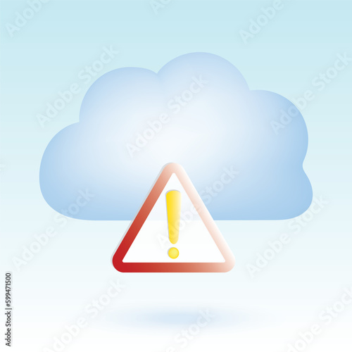 Cloud with exclamation mark inside triangle. Danger, warning cloud. Cute pastel cartoon of cloud computing, cloud network and technology symbol. 3D vector illustration isolated on blue background.