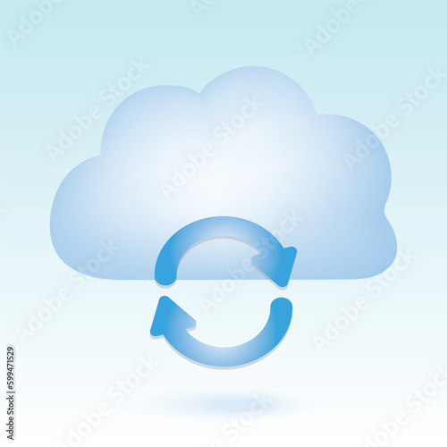 Cloud with rotate arrows. Syncing cloud. Cute pastel cartoon of cloud computing, cloud network and technology symbol. 3D vector illustration isolated on blue background.