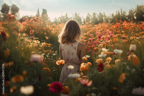 Cute blonde caucasian girl in summer dress in field of blooming flowers, back view. Generative AI