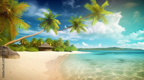 Beautiful tropical beach sea ocean with coconut palm trees around white cloud blue sky for vacation travel background © DLC Studio