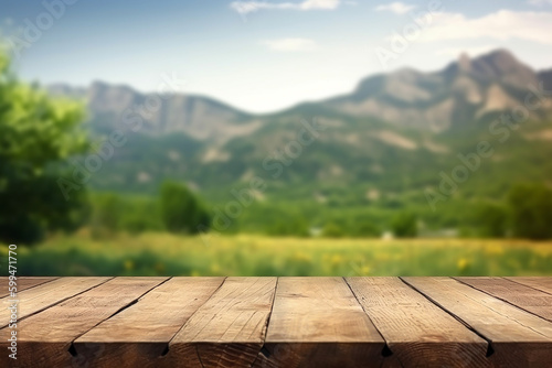 Empty wood table in front of green mountain and blue sky at summer blurred background concept image for product Generative AI 