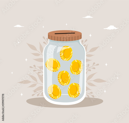 Donation glass jar with gold coins. Financial support for poor people and children. Fundraising concept. International charity day. Vector illustration in flat cartoon style.