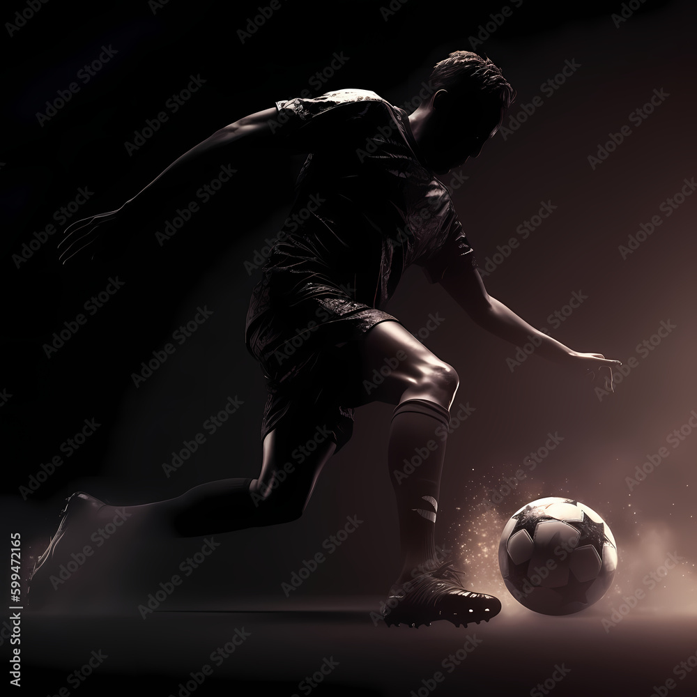 Silhouette Soccer Player Kicking The Ball. Generative AI