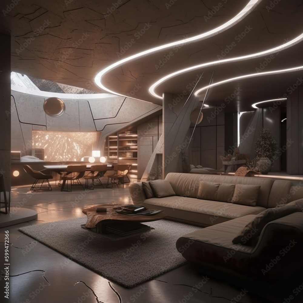 ภาพประกอบสต็อก Living room layout of the future with great recessed 