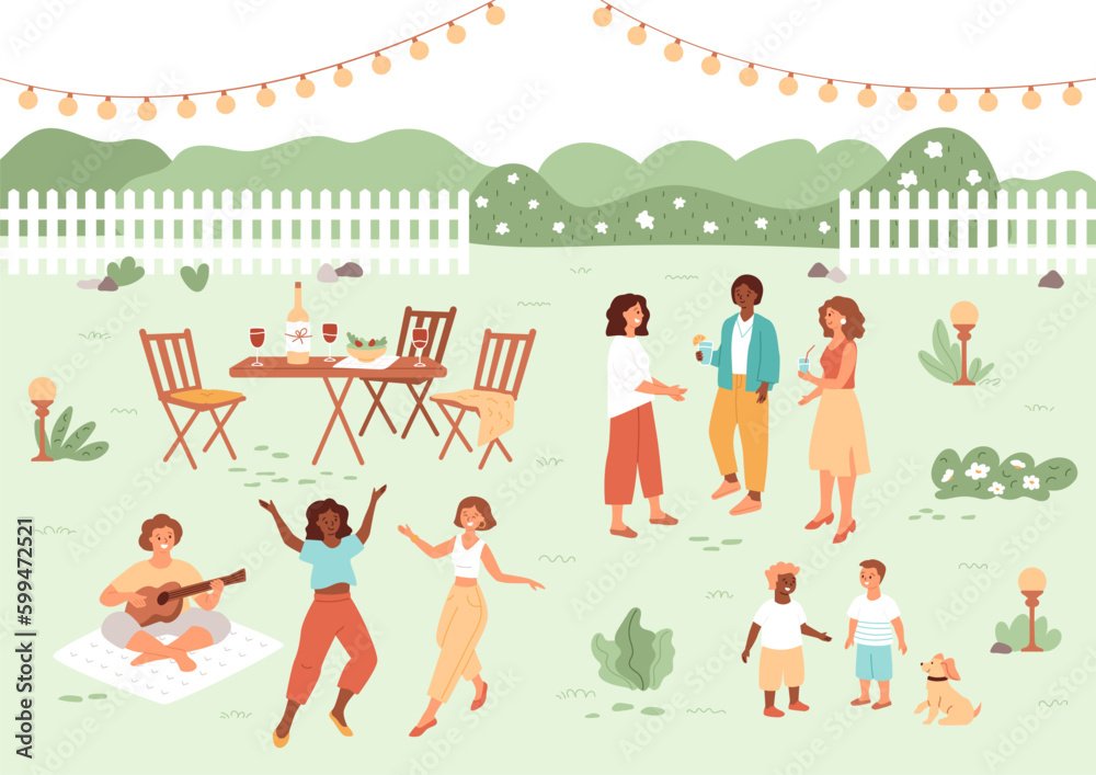People gathering in backyard. Neighborhood party, friends and family holiday meeting. Women dancing, children talking, man playing guitar. Weekend in cozy garden. Vector summer illustration.