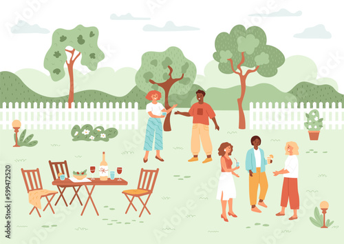 People relaxing in backyard. Women and men talking. Neighborhood party, friends and family holiday meeting. Weekend in garden. Outdoor celebration. Vector summertime illustration.