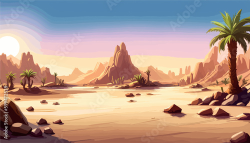 Leinwand Poster Desert background Summer with sun, sand, clouds, palms Trees Vector design style Nature Landscape