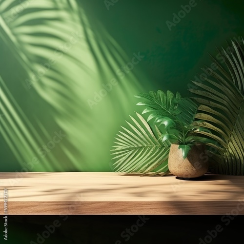Wood Table with plants and green wall backdrop