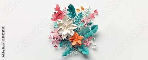 Generative AI bright color and paper-craft-like white background material featuring beautiful elegant stylish flowers and plants as motifs.