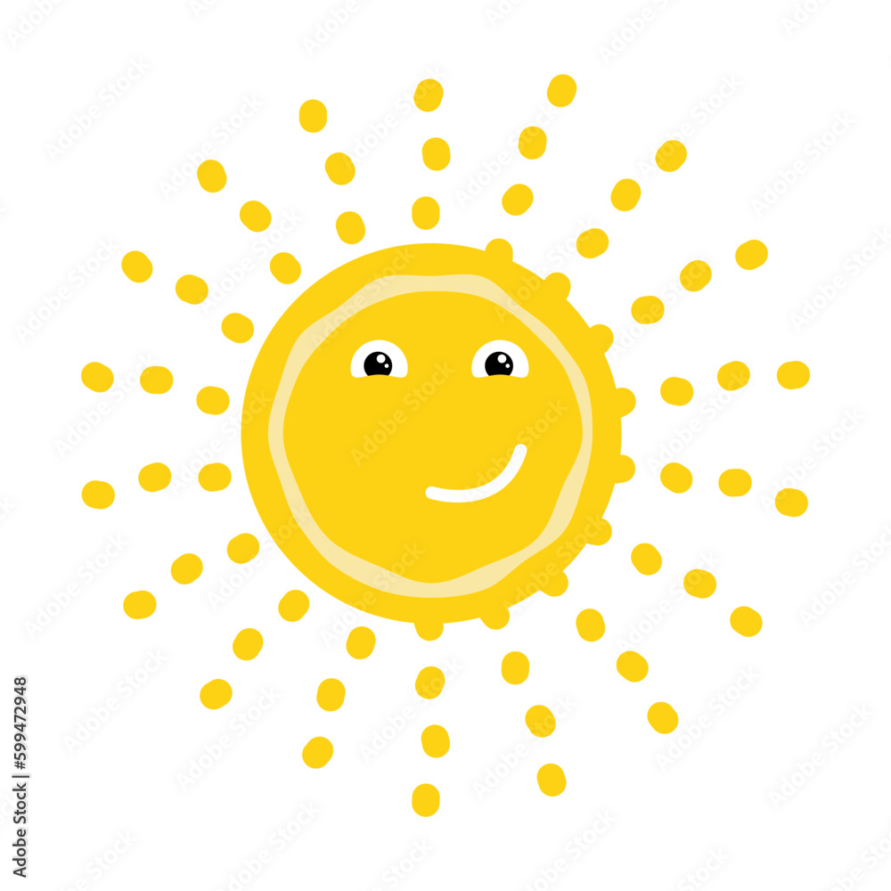 Yellow summer sun funny character with smile face. Sun icon with different shapes of rays. Simple Vector isolated on white background