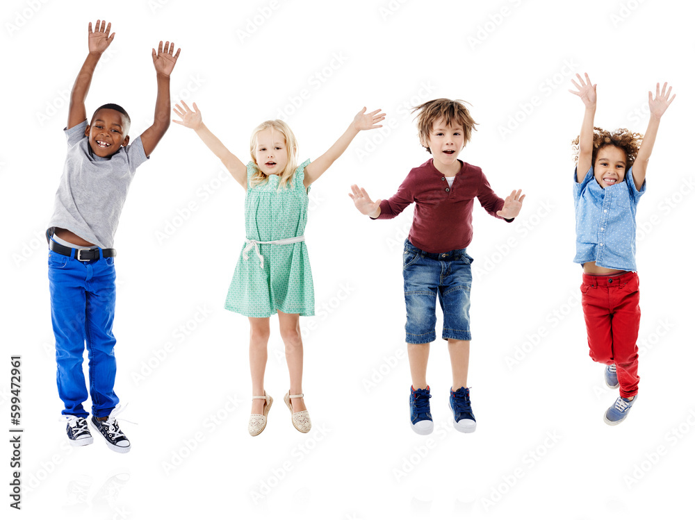 Happy, jumping and portrait of children in studio for diversity, friends and playing. Happiness, youth and smile with group of kids isolated on white background for celebration, playful and energy Happy, jumping and portrait of children in studio for diversity, friends and playing. Happiness, youth and smile with group of kids isolated on white background for celebration, playful and energy