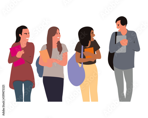 Group of multicultural students flat vector illustration. Young girls and boys holding books and laptop isolated characters on white background. 