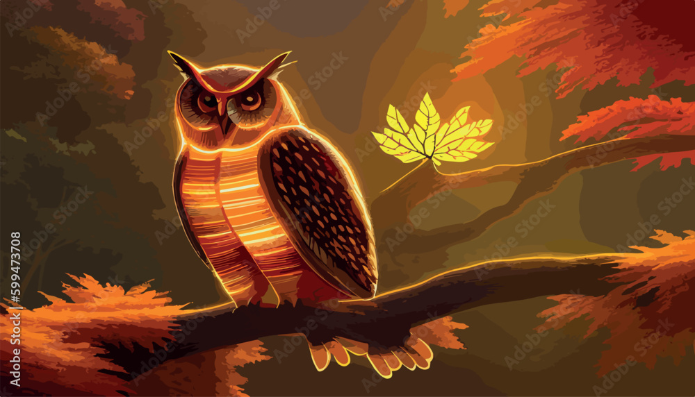 Owl. Realistic bird on dark moon forest background. Dark night ...