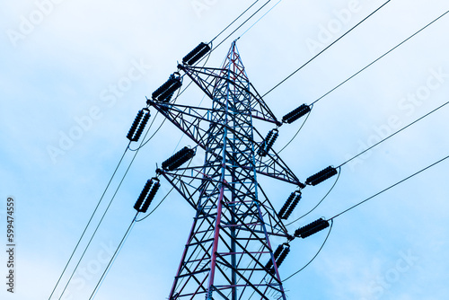 Power line for electric power. Conductive system of long extension, wire, cable for the transportation of electrical current. Power supply for the people in the city. Power line to the cities.