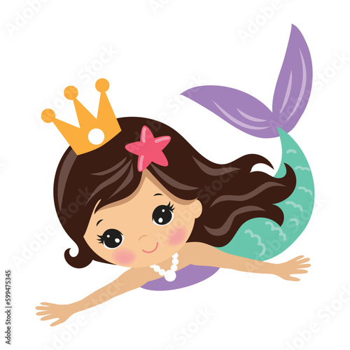 Cute sea princess mermaid vector cartoon illustration