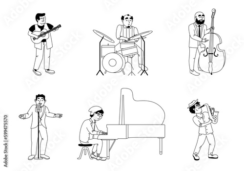 Men playing different instruments. Jazz musicians in outline style.
