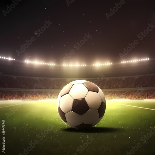 Soccer Ball at Stadium Arena when night. Generative AI
