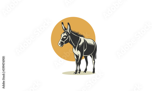 Vector cute little donkey in full length and sun. Logo, sticker or emblem. White isolated background.
