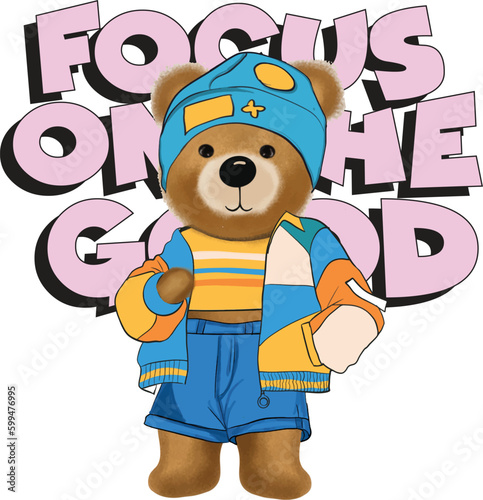Teddy bear t-shirt print. Trend teddy bear character and slogan.
teddy bear print for kids