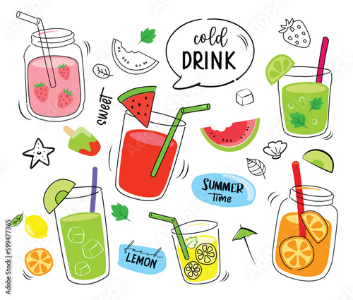 Tropical drinks summer set menu. Cold drinks with hand drawn illustration. Fruit smoothie, cocktails, alcoholic drinks.