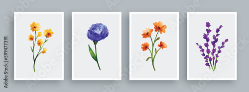 Wild flowers painting set in watercolor style. Wall art watercolor painting background.