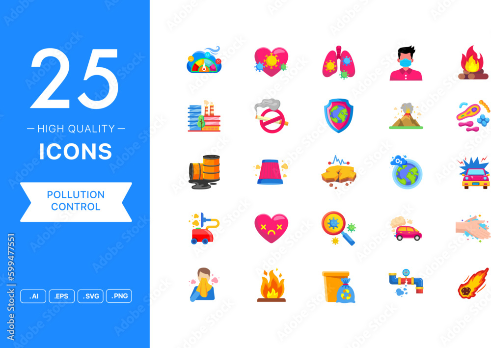 Vector set of Pollution Control icons. The collection comprises 25 vector icons for mobile applications and websites.