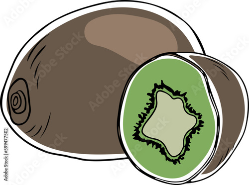 Lineart style set of colored whole and halved kiwi black outline on white background